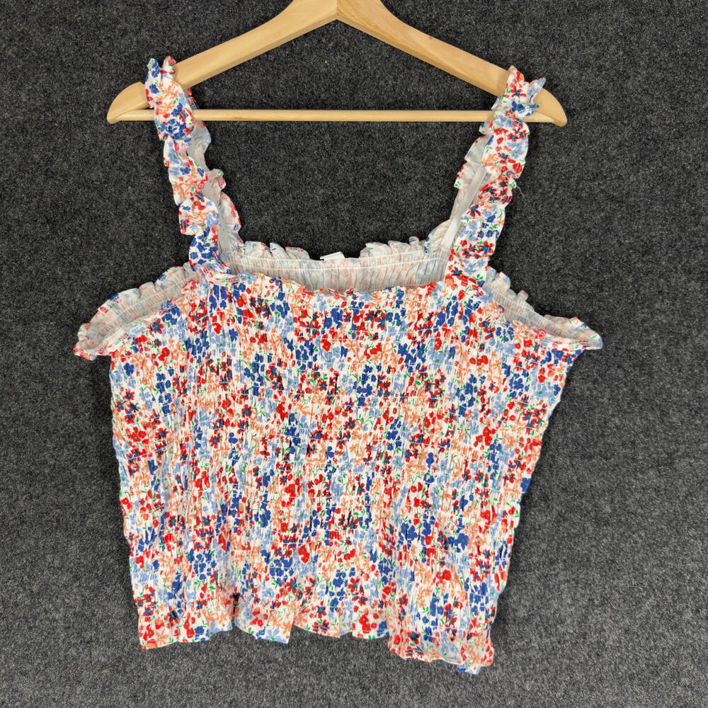 Old Navy Cropped Top Women XL White Floral Sleeveless Wide Strap Square Neck